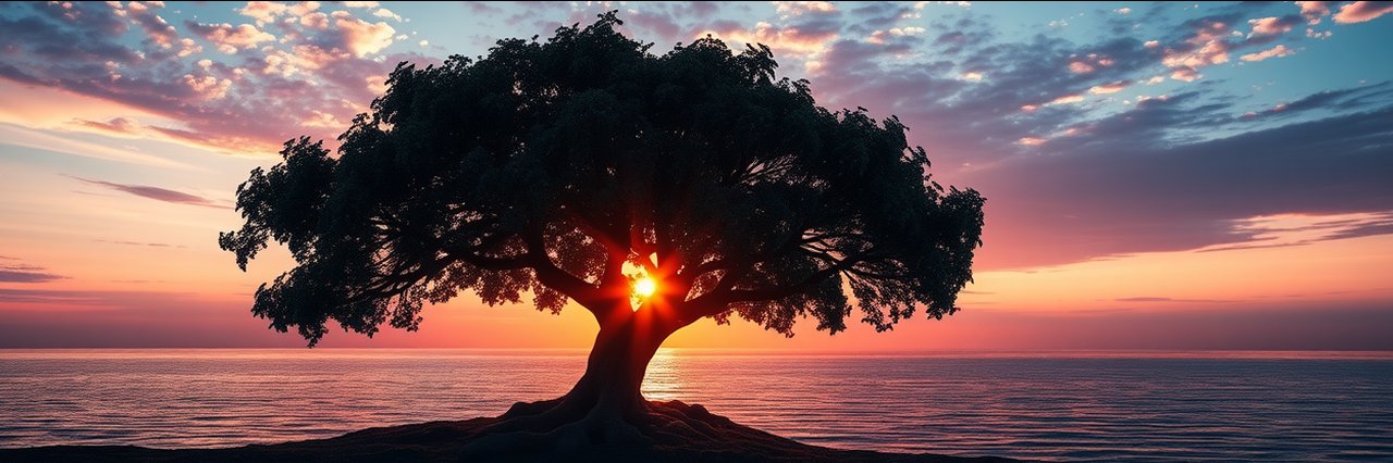 Lone tree at sunset over ocean, symbolizing the resonance economy concept