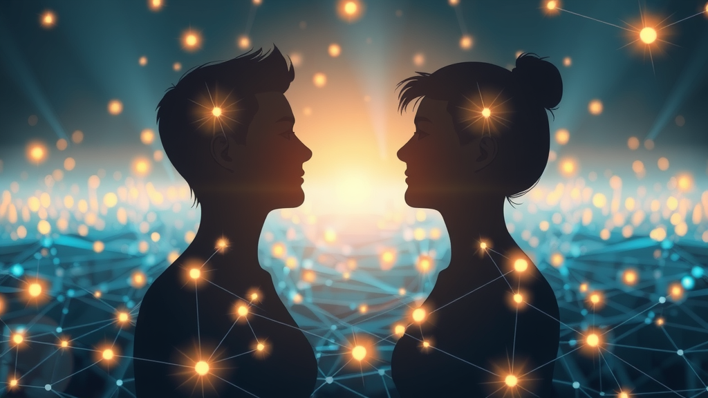 Radiant human silhouettes exchanging energy in a futuristic network, the resonance economy