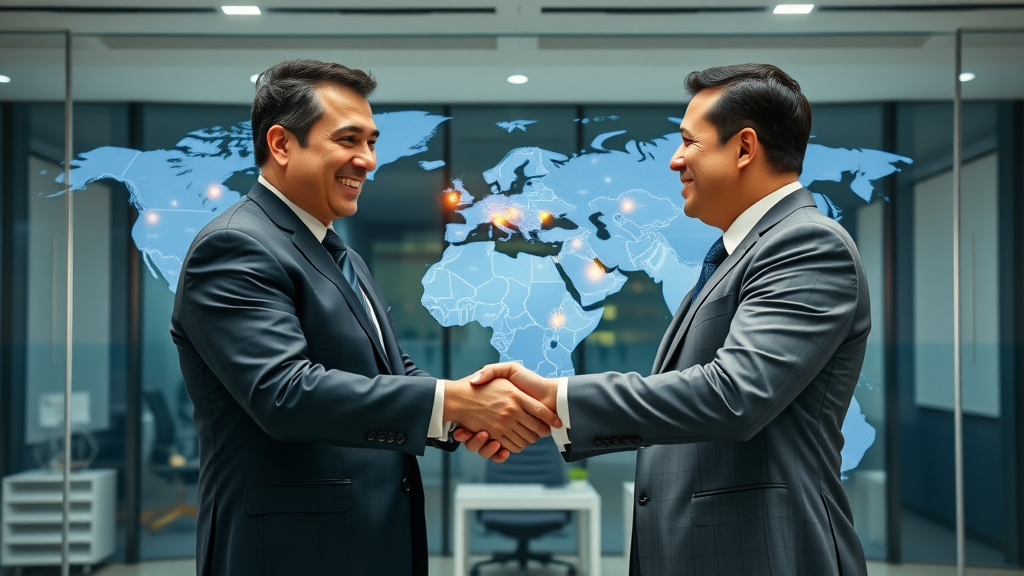 Business partnership, executives shaking hands, digital map marking global micro data center locations, trading nations, spectral capital