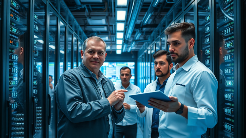 cutting-edge micro data center installation, dynamic team of diverse engineers, monitoring digital displays, futuristic data hall with server racks and energy-efficient hardware, micro data centers