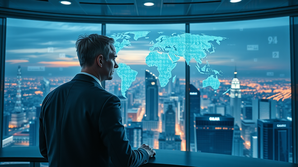 investor in modern office reviewing holographic global micro data center network, investment opportunities in micro data centers