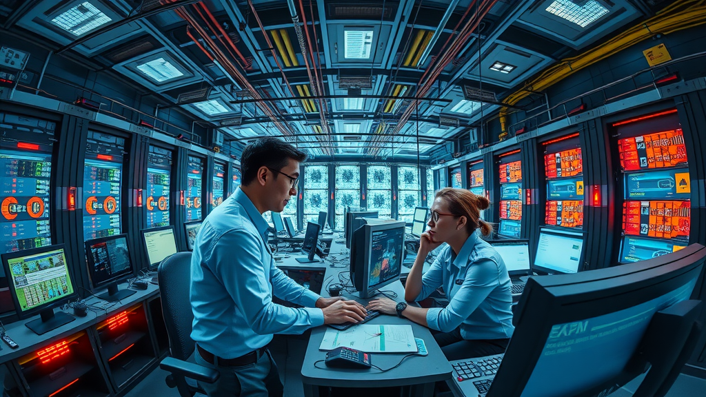 Telecommunication operation center, micro data centers in background, network engineers collaborating, cost carrier operations