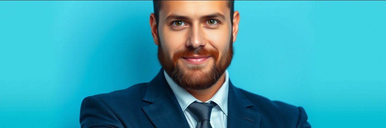 Confident business coach representing a coaching culture, headshot on blue background.
