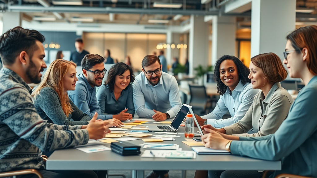 Collaborative team meeting embodies coaching culture and employee engagement.