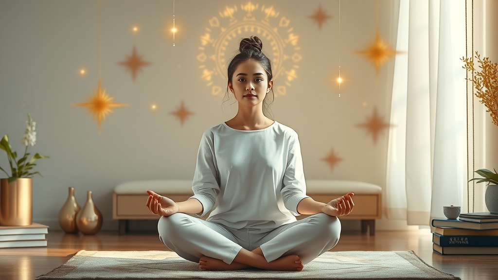 Young woman explores metaphysical degree programs in a serene study space
