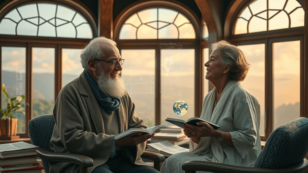 Mature students collaborate on metaphysical degree programs in sunlit library
