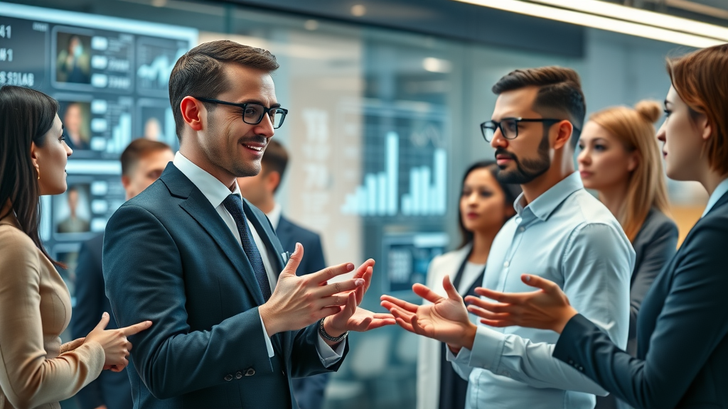Business pros interact with ai coaching assistant in modern office for success