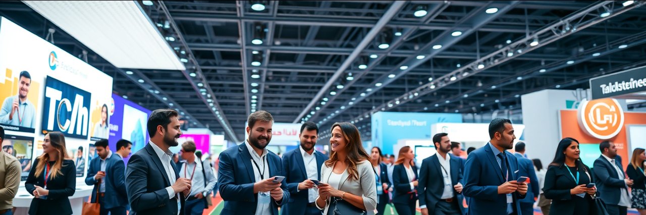Energetic networking at Gitex Dubai venture event with diverse business professionals.