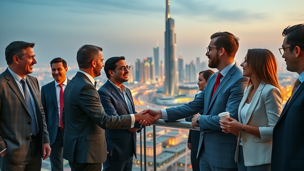 Elegant rooftop networking at GITEX Dubai Venture event with skyline at dusk