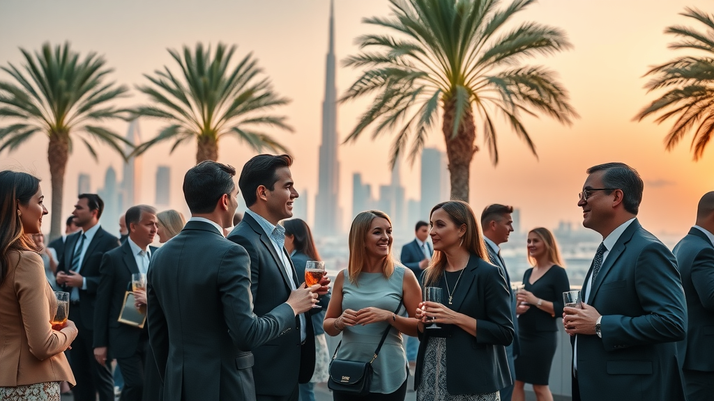 Diverse executives networking at GITEX Dubai Venture event terrace, Burj Khalifa view