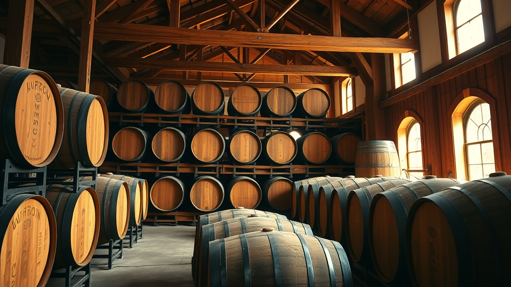 Bourbon barrels stacked in an iconic Kentucky rickhouse, highlighted by craftsmanship and warm sunlight, showing the allure of bourbon barrel investment.