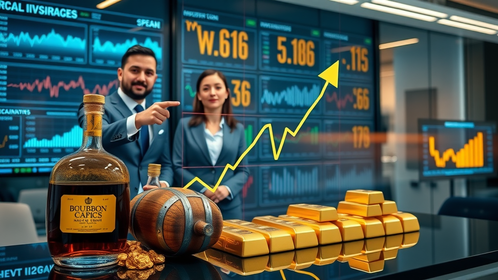 Infographic showing bourbon barrel investment growth versus gold bars and stock investments in 2025 context.