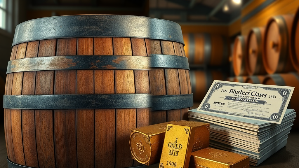 Side-by-side of aging bourbon barrels, gold bullion, and stock certificates illustrating asset class returns in 2025.