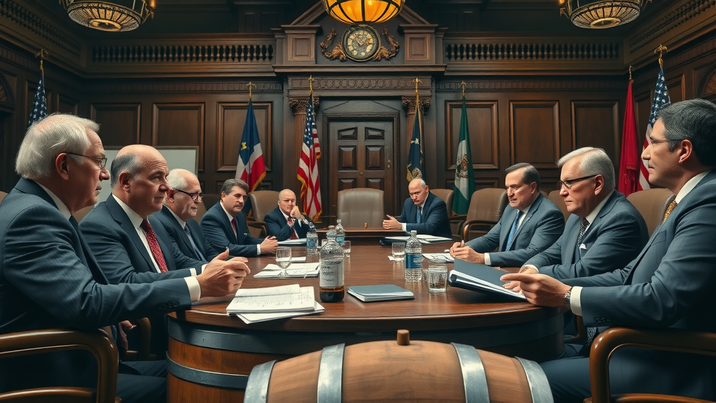 Lawmakers and distillery executives discuss regulatory changes affecting bourbon barrel investment in a grand chamber.