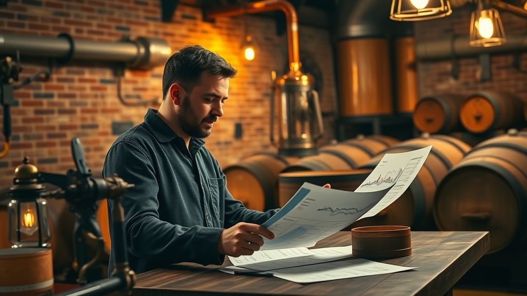 Investment analyst reviewing investment charts and bourbon barrels in a historic distillery, representing key insights for 2025.