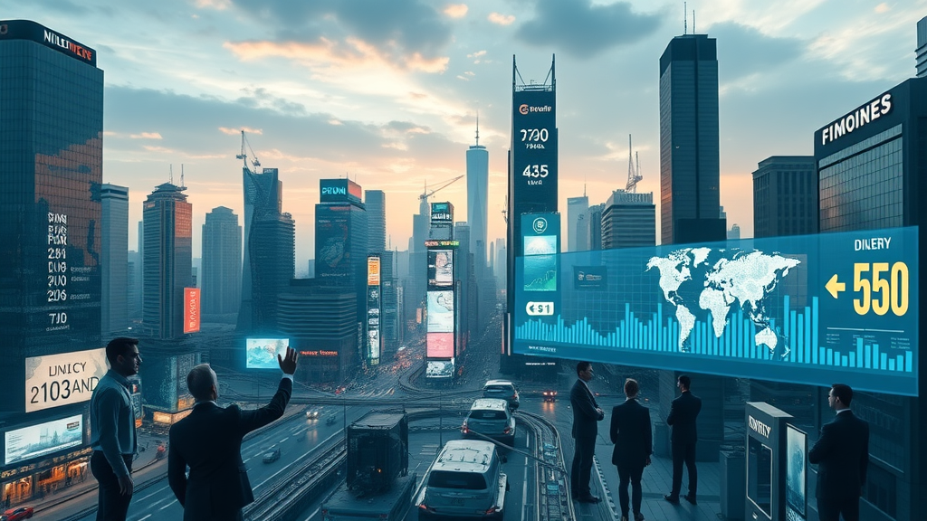 futuristic financial district skyline with global professionals and digital assets, asset digitization 2025